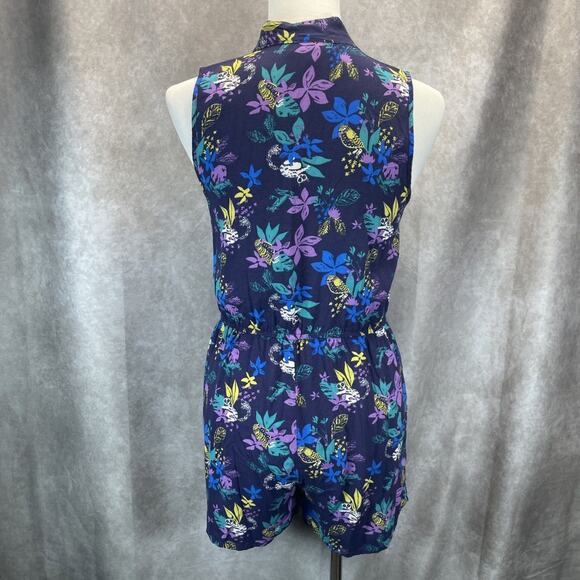 ModCloth Proactive Panache Lemur Romper Women Sz L Neck Tie Blue Tropical Floral - Picture 5 of 6